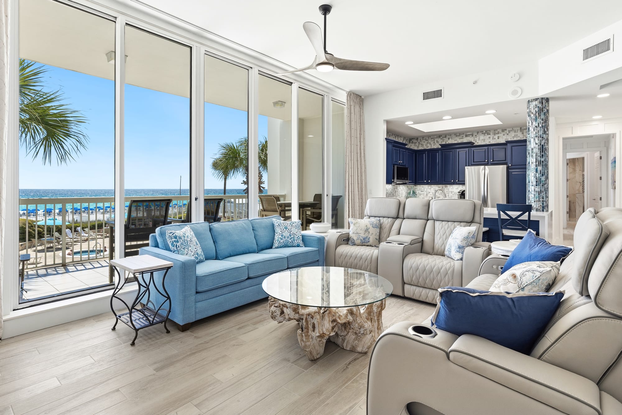 Modern beachfront living room interior.