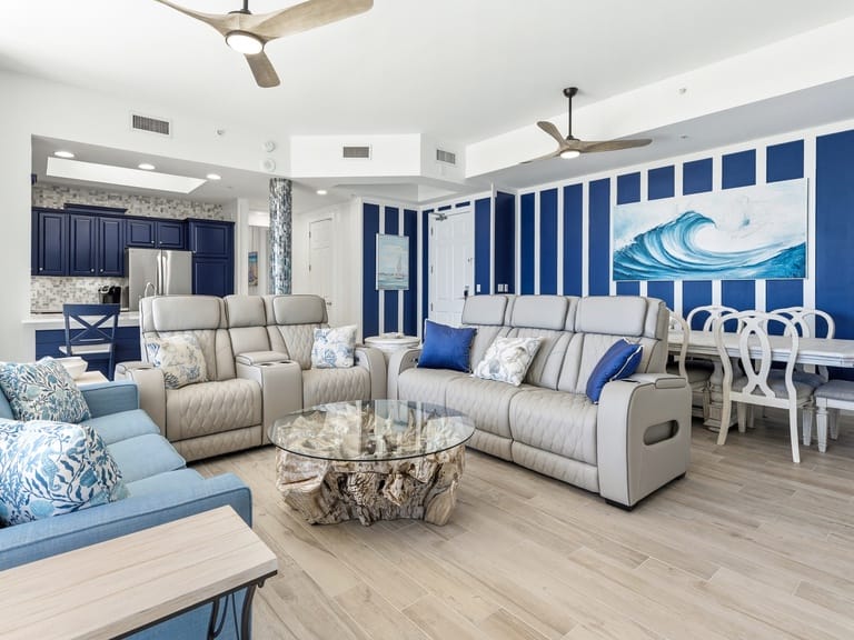 Coastal-themed living room, modern decor.
