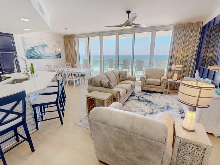 Beachfront living room with ocean view.