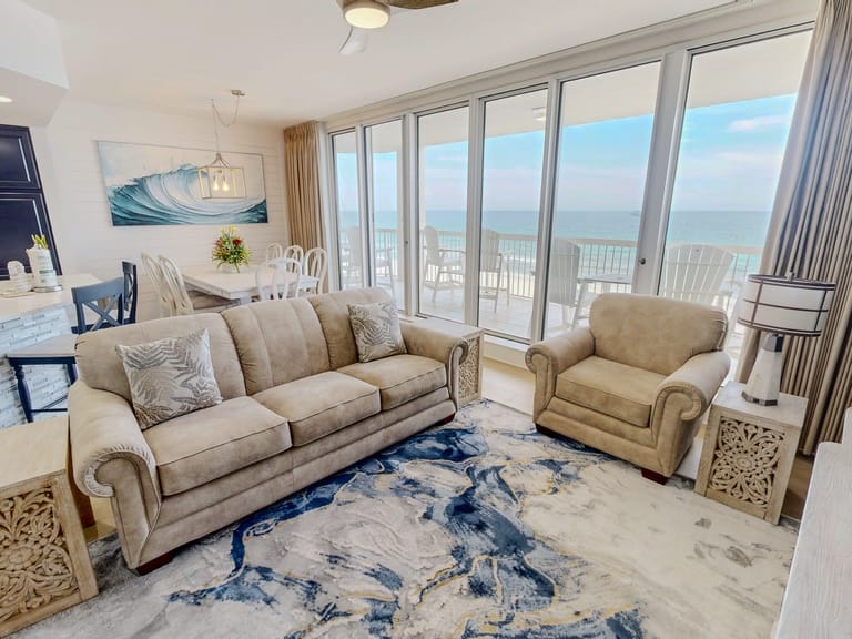 Coastal living room with ocean view.