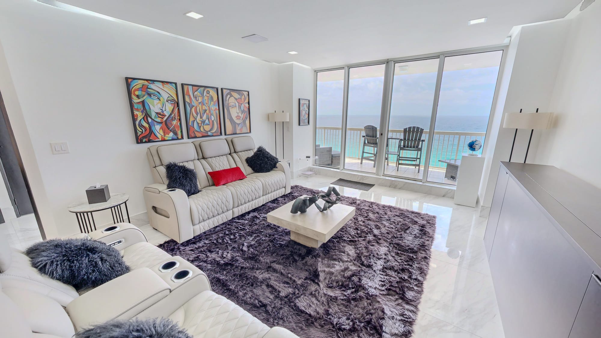 Modern living room with ocean view.