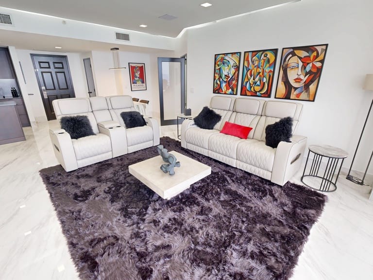 Modern living room with abstract art.