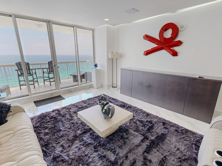 Modern living room with ocean view.