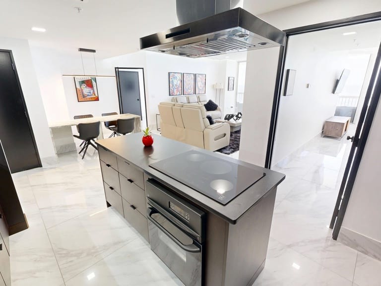 Modern kitchen and living area.