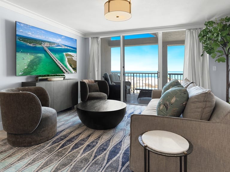 Cozy beachside living room view.
