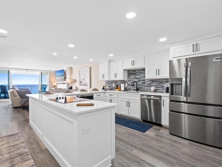Modern kitchen with ocean view.