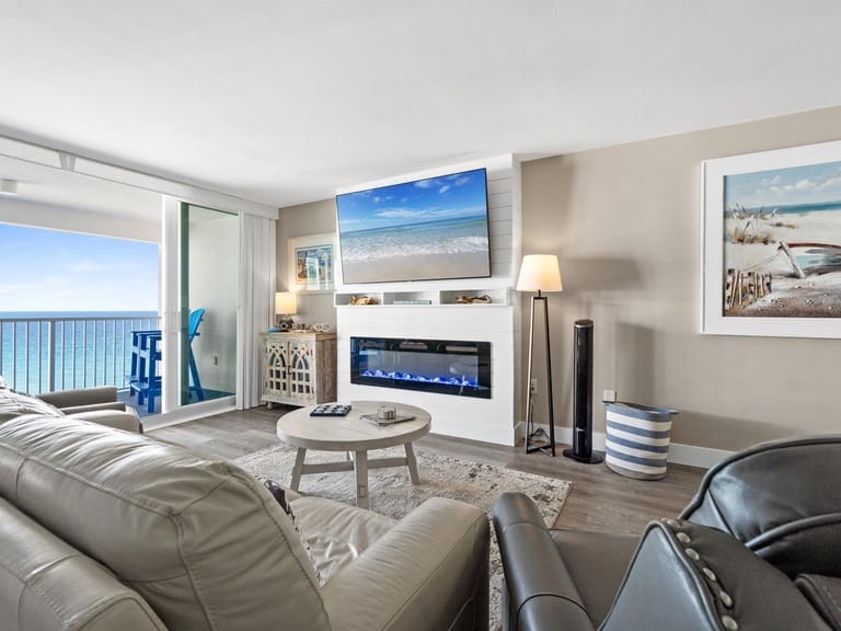 Bright coastal living room, ocean view.