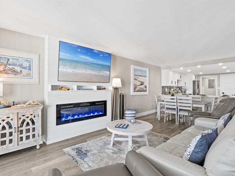 Modern living room with coastal decor.
