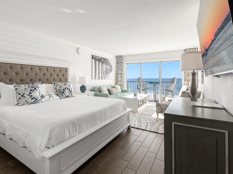 Bright bedroom with ocean view.